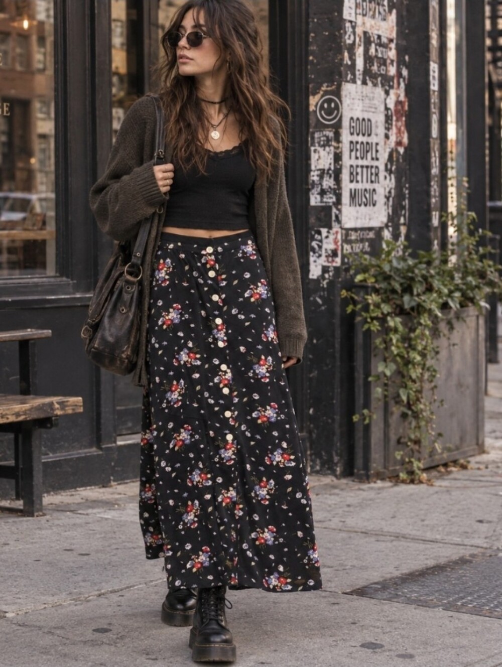 Vintage 90s Grunge Ann Taylor Black Floral Button Closure Maxi Skirt Size 10p